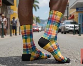 Official Virgin Islands Madras Socks | Colorful Plaid Pattern Socks | Multicolor Checkered Crew Socks | Men's Gift
