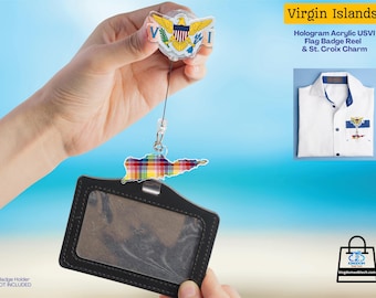 USVI Flag Badge Reel with Charm, Retractable ID Holder, St Croix, St Thomas, St John, Hibiscus Options