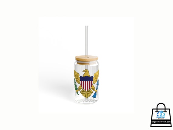 Virgin Islands Flag Sipper Glass: 16oz Clear Glass with Bamboo Lid