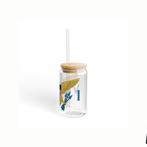 Virgin Islands Flag Sipper Glass, 16oz, Clear Transparent, Virgin Islands Gift, VI Souvenir, Bamboo Wooden Lid, Tritan Plastic Straw