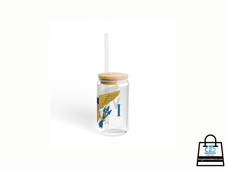 Virgin Islands Flag Sipper Glass, 16oz, Clear Transparent, Virgin Islands Gift, VI Souvenir, Bamboo Wooden Lid, Tritan Plastic Straw