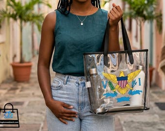 USVI Flag and Islands Map Clear Tote Bag | Transparent Stadium Approved Virgin Islands Beach Bag | St. Thomas St. Croix St. John Travel Tote