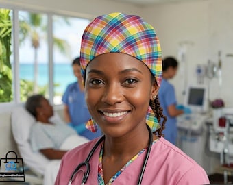 Tropical Madras Scrub Cap – Caribbean Style Surgical Hat for Nurses & Doctors – USVI Inspired Medical Headwear