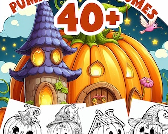 40+ Magical Pumpkin & Fairy Homes Coloring Book: Printable PDF, Grayscale Art for Kids, Instant Download, Unique Gift Idea