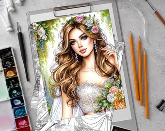 25 Graceful Brides: Grayscale Wedding Coloring Pages for Adults, Printable PDF