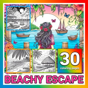 30 sidor Beachy Escape Tropisk målarbok Digitala målarbilder Snäckor hav, avkopplande målarbok, palm, hav, omedelbara nedladdningar