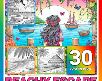30 pages Beachy Escape Tropical coloring Digital color pages Shells ocean, relaxing coloring, palm, sea, instant downloads