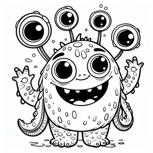 Puede incluir: Ilustraci&oacute;n de dibujos animados en blanco y negro de un monstruo amigable con m&uacute;ltiples ojos y una amplia sonrisa. El monstruo tiene un cuerpo redondo cubierto de manchas, con brazos y piernas. La imagen es un dibujo lineal.