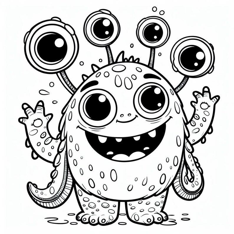 Puede incluir: Ilustraci&oacute;n de dibujos animados en blanco y negro de un monstruo amigable con m&uacute;ltiples ojos y una amplia sonrisa. El monstruo tiene un cuerpo redondo cubierto de manchas, con brazos y piernas. La imagen es un dibujo lineal.