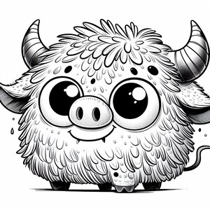 Puede incluir: Ilustraci&oacute;n de dibujos animados en blanco y negro de un monstruo peludo con ojos grandes y cuernos. El monstruo tiene una cara sonriente y una peque&ntilde;a cola. El dise&ntilde;o es simple, centrado en su apariencia amigable y juguetona.