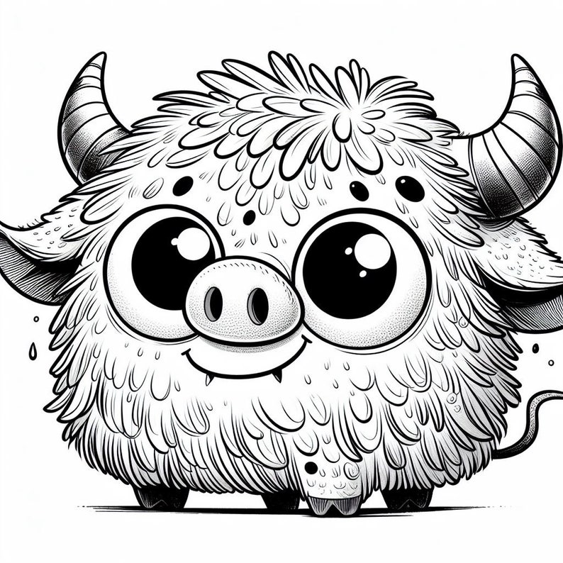 Puede incluir: Ilustraci&oacute;n de dibujos animados en blanco y negro de un monstruo peludo con ojos grandes y cuernos. El monstruo tiene una cara sonriente y una peque&ntilde;a cola. El dise&ntilde;o es simple, centrado en su apariencia amigable y juguetona.