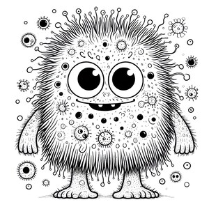Puede incluir: Ilustraci&oacute;n de dibujos animados en blanco y negro de un monstruo amigable con ojos grandes, boca sonriente y cuerpo peludo. El monstruo est&aacute; cubierto de peque&ntilde;as formas circulares y tiene brazos y pies peque&ntilde;os.