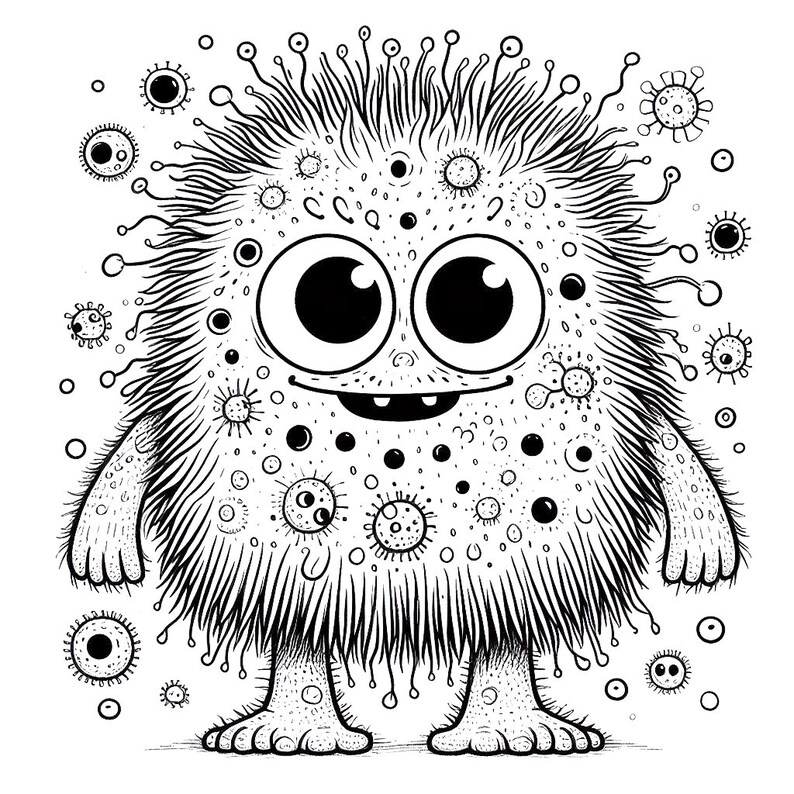 Puede incluir: Ilustraci&oacute;n de dibujos animados en blanco y negro de un monstruo amigable con ojos grandes, boca sonriente y cuerpo peludo. El monstruo est&aacute; cubierto de peque&ntilde;as formas circulares y tiene brazos y pies peque&ntilde;os.