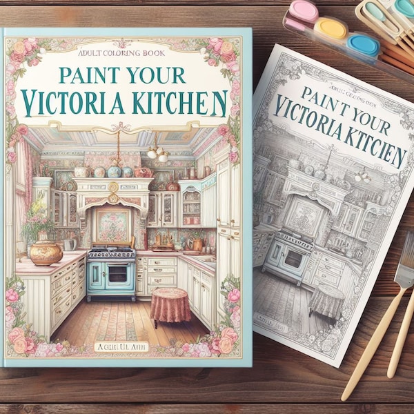 Malen Sie Ihre viktorianische Küche - ein Malbuch für Erwachsene, das Küchen im viktorianischen Stil zeigt, die entworfen wurden, um Stressabbau und Entspannung zu bringen