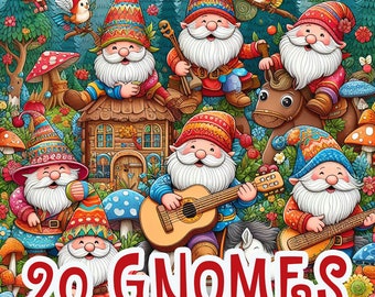 20 páginas para colorear con temas de gnomos: hojas digitales para adultos y niños - Colección de libros y archivos PDF imprimibles