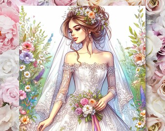 25 Classy Brides: Grayscale Wedding Coloring Pages for Adults, Ready to Print PDF