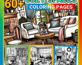 60+ Cozy Spaces, Places of Happy People, Coloring pages for Adults, Adult coloring therapy, Home coloring, Procreate