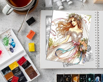 25 Elegant Brides: Grayscale Wedding Coloring Pages for Adults, woman coloring, Printable PDF
