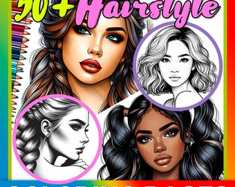 50+ Hairstyles and MakeUp Coloring Pages, hair grayscale coloring book trending hairstyle, coloring sheets of makeup and hear style trends