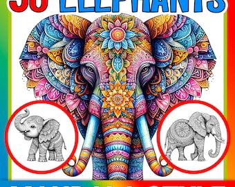 50 Printable Coloring Pages Mandala Elephants, Mindful, Calming, Relaxing, Animal Mandala, Adult Coloring Pages