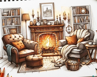 35 Cozy interiors, Places of Happy People, Coloring pages for Adults, Adult coloring therapy, House coloring, Procreate