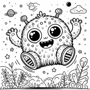 Puede incluir: Ilustraci&oacute;n de dibujos animados en blanco y negro de un monstruo esponjoso con ojos grandes, una amplia sonrisa y rasgos similares a antenas. El monstruo flota sobre un paisaje con plantas, estrellas y planetas.