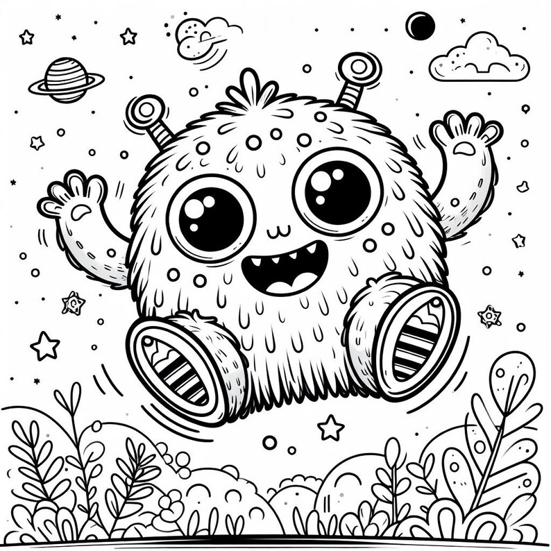 Puede incluir: Ilustraci&oacute;n de dibujos animados en blanco y negro de un monstruo esponjoso con ojos grandes, una amplia sonrisa y rasgos similares a antenas. El monstruo flota sobre un paisaje con plantas, estrellas y planetas.