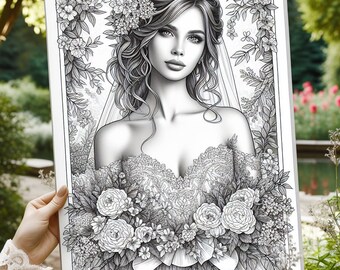 25 Chic Brides: Grayscale Wedding Coloring Pages for Adults, Instant Download PDF