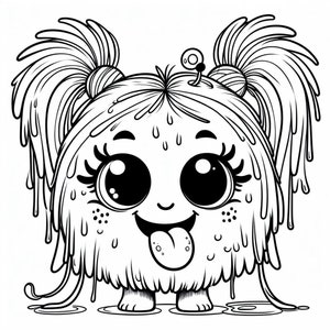 Puede incluir: Ilustraci&oacute;n de dibujos animados en blanco y negro de un monstruo redondo y lindo con ojos grandes, pesta&ntilde;as y una cara sonriente con la lengua afuera. El monstruo tiene dos coletas y gotea con un l&iacute;quido.