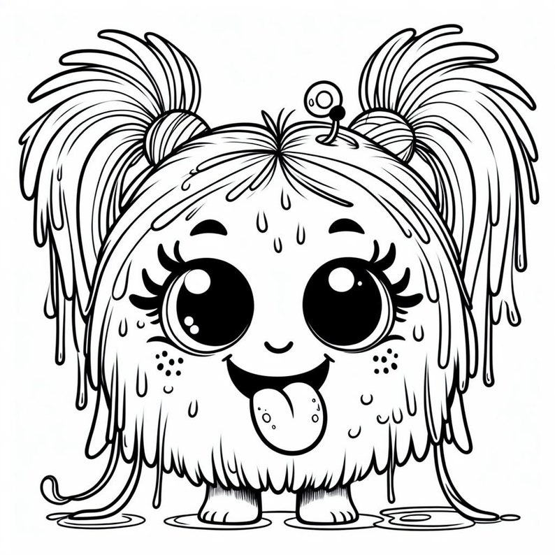 Puede incluir: Ilustraci&oacute;n de dibujos animados en blanco y negro de un monstruo redondo y lindo con ojos grandes, pesta&ntilde;as y una cara sonriente con la lengua afuera. El monstruo tiene dos coletas y gotea con un l&iacute;quido.