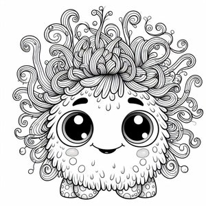 Puede incluir: Ilustraci&oacute;n de dibujos animados en blanco y negro de un monstruo redondo y lindo con ojos grandes y una expresi&oacute;n sonriente. El monstruo tiene un cuerpo esponjoso y una cabeza de l&iacute;neas rizadas y fluidas. El dise&ntilde;o es simple y caprichoso.