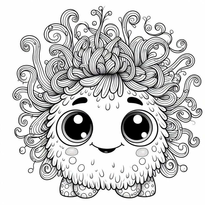 Puede incluir: Ilustraci&oacute;n de dibujos animados en blanco y negro de un monstruo redondo y lindo con ojos grandes y una expresi&oacute;n sonriente. El monstruo tiene un cuerpo esponjoso y una cabeza de l&iacute;neas rizadas y fluidas. El dise&ntilde;o es simple y caprichoso.