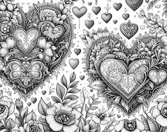 Valentines Coloring Hearts, Coloring Pages for Valentines Day, Relaxing Coloring, Downloadable print for Stress Relief