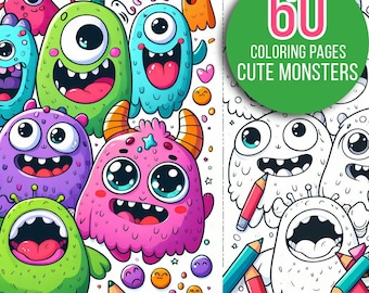 60 páginas para colorear de monstruos amigables, lindo libro para colorear, página para colorear para niños y sus padres, descargable, para colorear en casa