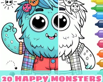 20 High-quality Friendly Monsters Pages,  cute coloring book , kids coloring page and his parents Downloadable print for homeschool coloring