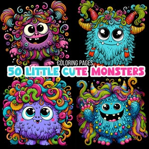 Puede incluir: Ilustraci&oacute;n vibrante de cuatro monstruos coloridos con ojos grandes y pelo esponjoso. La imagen incluye el texto "COLORING PAGES" y "50 LITTLE CUTE MONSTERS", ideal para actividades de colorear para ni&ntilde;os.