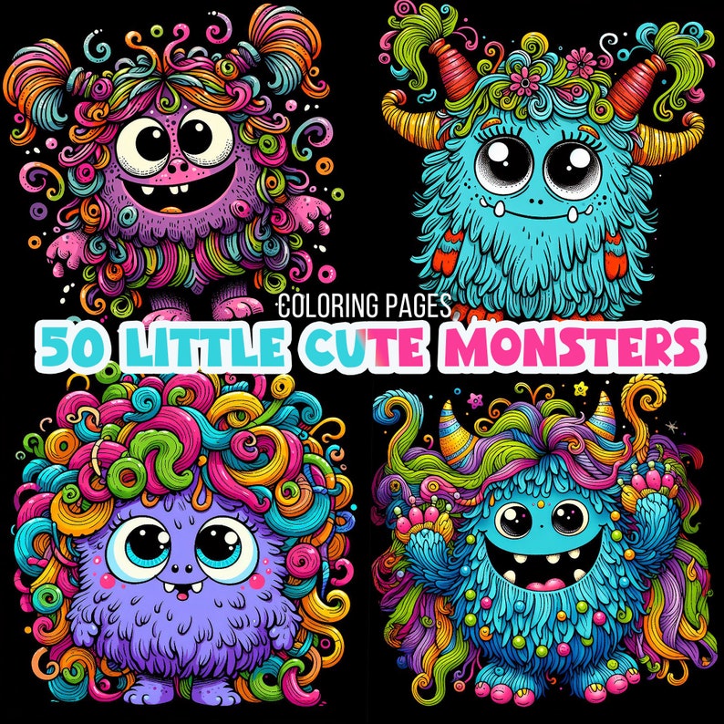 Puede incluir: Ilustraci&oacute;n vibrante de cuatro monstruos coloridos con ojos grandes y pelo esponjoso. La imagen incluye el texto "COLORING PAGES" y "50 LITTLE CUTE MONSTERS", ideal para actividades de colorear para ni&ntilde;os.