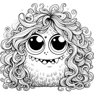 Puede incluir: Ilustraci&oacute;n de dibujos animados en blanco y negro de un monstruo amigable con ojos grandes, una sonrisa con dientes y cabello rizado. El monstruo tiene una marca en forma de coraz&oacute;n y pecas. El dise&ntilde;o est&aacute; detallado con intrincadas l&iacute;neas, d&aacute;ndole un aspecto caprichoso.