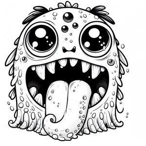 Puede incluir: Ilustraci&oacute;n de dibujos animados en blanco y negro de un monstruo amigable con ojos grandes, dientes afilados y una lengua larga. El monstruo tiene un cuerpo redondo cubierto de peque&ntilde;os c&iacute;rculos y una boca muy abierta.