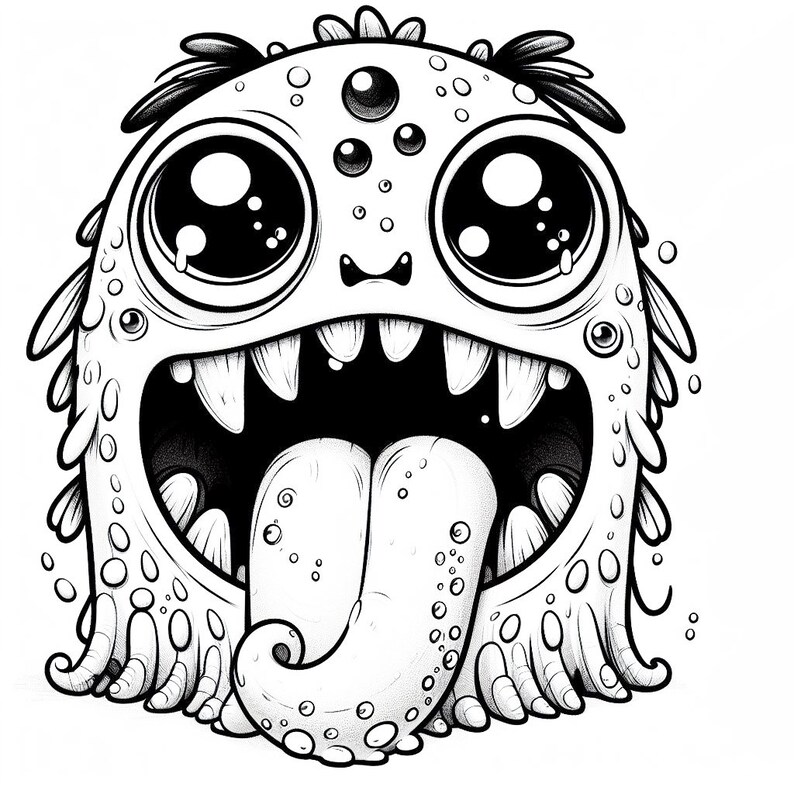 Puede incluir: Ilustraci&oacute;n de dibujos animados en blanco y negro de un monstruo amigable con ojos grandes, dientes afilados y una lengua larga. El monstruo tiene un cuerpo redondo cubierto de peque&ntilde;os c&iacute;rculos y una boca muy abierta.