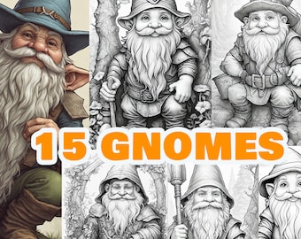 15 Enchanted Realms Realistic Gnome, Coloring Book for Adults: Digital Sheets Suitable for Everyone Printable PDF Collection