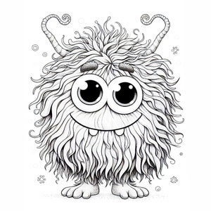 Puede incluir: Ilustraci&oacute;n en blanco y negro de un monstruo amigable con ojos grandes y expresivos y una amplia sonrisa. El monstruo tiene pelaje esponjoso y ondulado y cuernos rizados. Sus pies son visibles, y el dise&ntilde;o general es caprichoso y de dibujos animados.