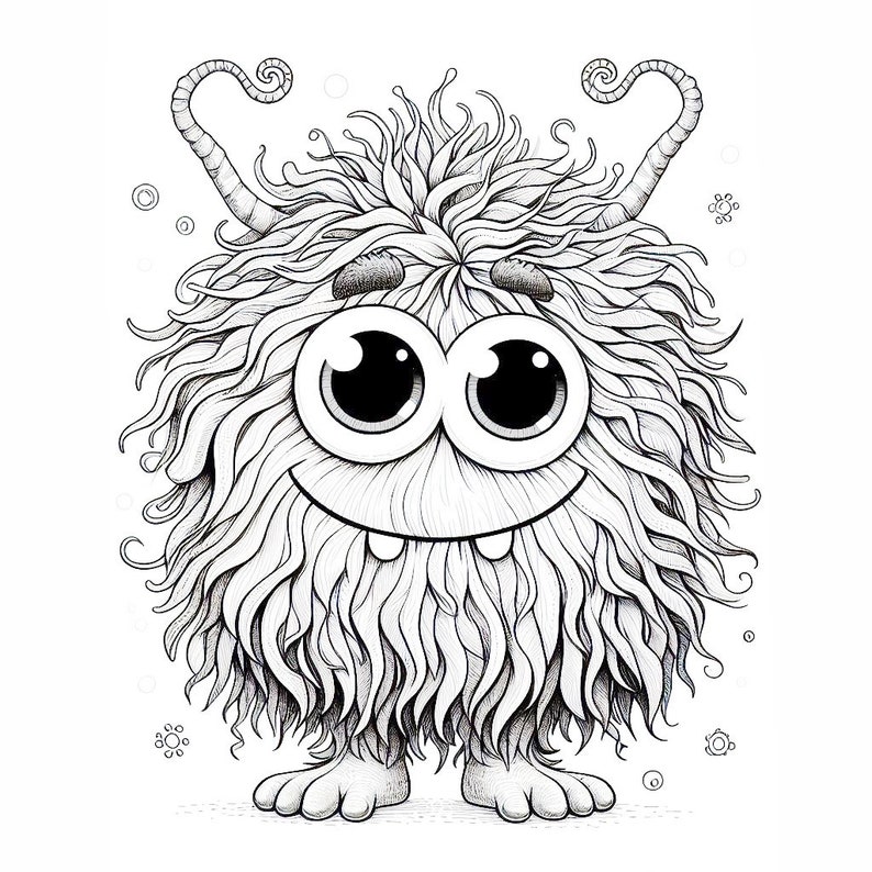 Puede incluir: Ilustraci&oacute;n en blanco y negro de un monstruo amigable con ojos grandes y expresivos y una amplia sonrisa. El monstruo tiene pelaje esponjoso y ondulado y cuernos rizados. Sus pies son visibles, y el dise&ntilde;o general es caprichoso y de dibujos animados.