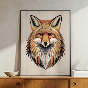 Arte murale geometrica con volpe: poster con fauna selvatica poligonale - Illustrazione moderna di un bosco per l'arredamento rustico di una baita