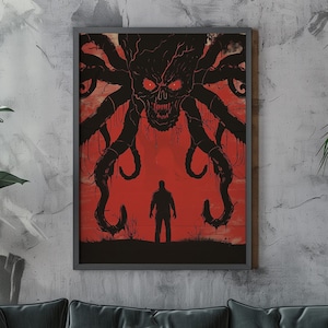 Monstrous Entity Encounter Art Print - Vintage Movie Poster - Striking Red and Black Horror Illustration - Instant Download