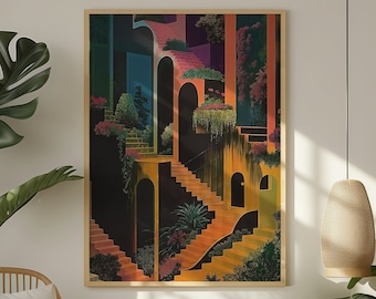 Surreal Staircase Art Instant Download: Whimsical Garden Print - Lush Greenery Fantasy