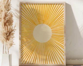 Modern Sunburst Wall Art: Boho Minimalist Sunshine Poster, Abstract Mid-Century Decor Print