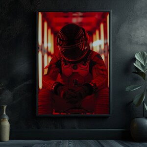 Moderna arte murale di fantascienza - Stampa poster spaziale - Red Odyssey - Astronauta in tuta futuristica - Esplorazione spaziale cremisi intenso
