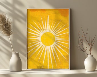 Amanecer radiante - Impresión artística abstracta de rayos de sol - Ilustración de un sol amarillo vibrante - Descarga digital