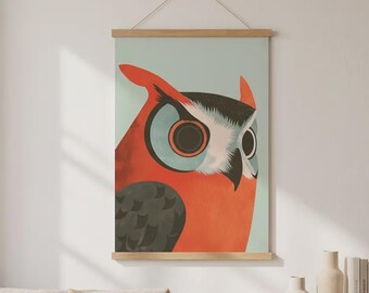 Mid Century Owl Art Print, Colorful Retro Wildlife Wall Decor